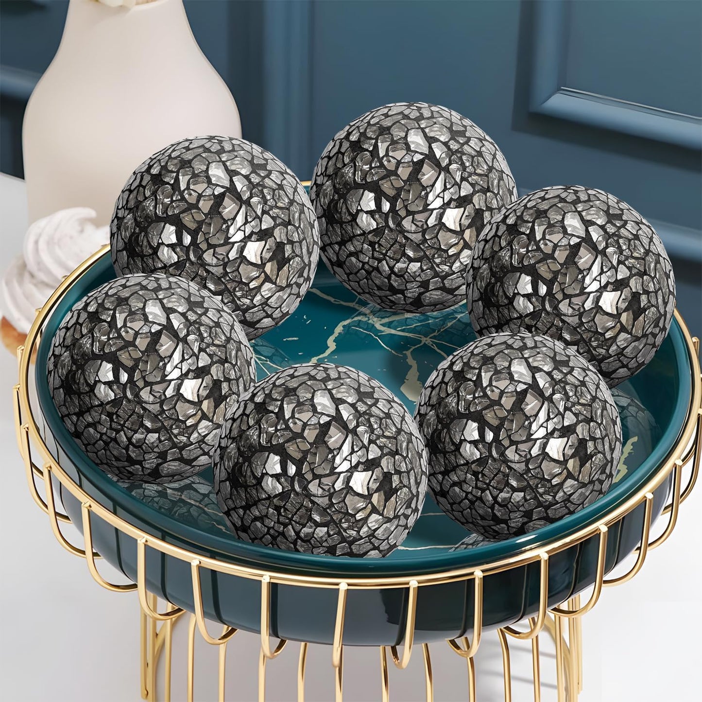 Kesywale 6PCS Decorative Balls Set 2.4 Inches/ 6cm Small Mosaic Spheres Glass Orbs Decorative Balls for Centerpiece Bowls Vases Fillers Dining Coffee Table Wedding Party Decor (Black)