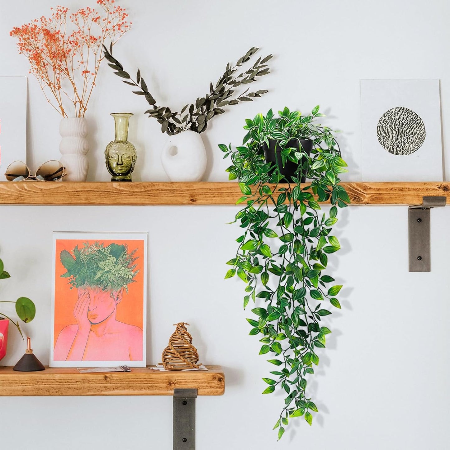 Clearain 1pcs Fake Hanging Plants, Artificial Small Potted Plants, Mini Faux Succulent Plant for Indoor Outdoor Aesthetic Office Living Room Shelf Home Decor (Eucalyptus leaves-1pcs)