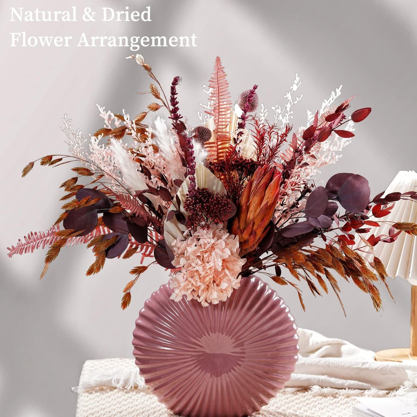 Blush Pink & Burgundy Dried Flower Bouquet, Cream Pampas Grass with Sage Green & Eucalyptus, Boho Dried Flowers for Wedding, Home Décor
