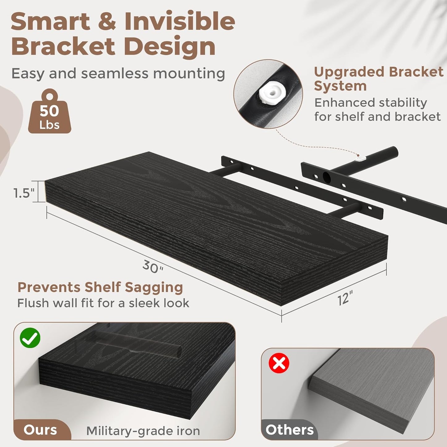 72 Inch Long Floating Shelves for Wall Set of 2, 12"D Wood Grain Bathroom Shelves with Invisible Brackets, Easy Install Engineered Wood Storage Shelves for Kitchen, Living Room, Bedroom, Black Finish