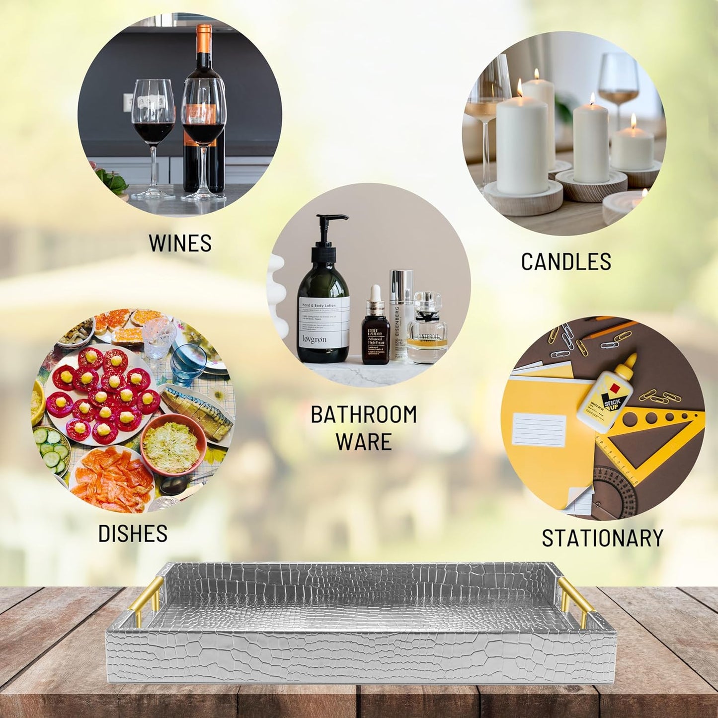ATZYmolin 17" x 12" Wood Serving Tray with Gold Polished Metal Handles, Home Decorative Wooden Rectangle Ottoman Leather Decor Platter Bathroom Vanity Tray for All Occasions White
