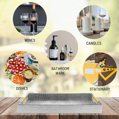 ATZYmolin 17" x 12" Wood Serving Tray with Gold Polished Metal Handles, Home Decorative Wooden Rectangle Ottoman Leather Decor Platter Bathroom Vanity Tray for All Occasions White