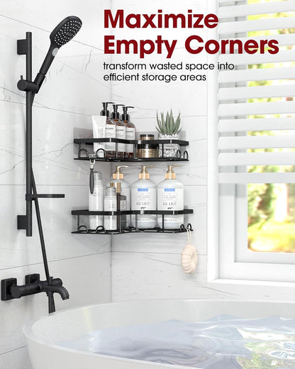 Sakugi Corner Shower Caddy - 2 Pack, Adhesive Shower Organizers, Rustproof Stainless Steel Shower Shelves with 8 Hooks, No Drilling Bathroom Organizers and Storage Racks, Space-Saving, Black, Medium