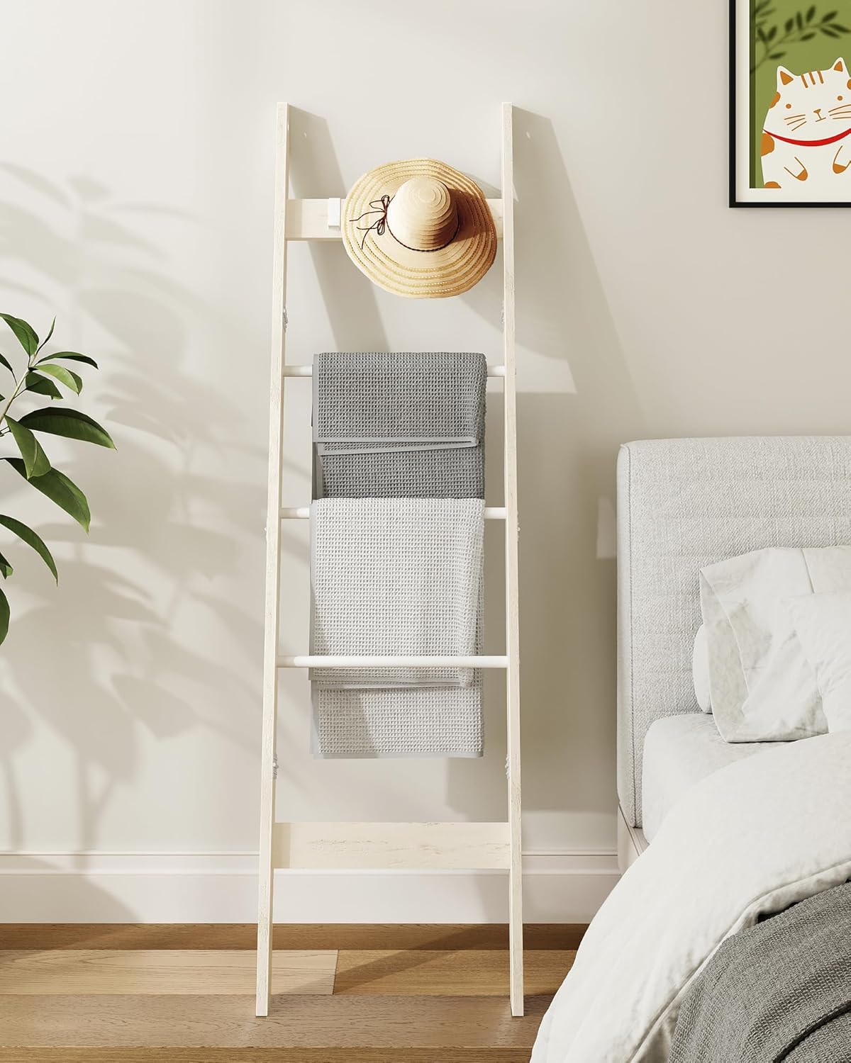 Hzuaneri Blanket Ladder for Living Room, Decorative Quilt Rack with 4 Removable Hooks, 5-Tier Farmhouse Ladder Holder Shelf Organizer for Bedroom, Rustic Brown and Black 02101BBR