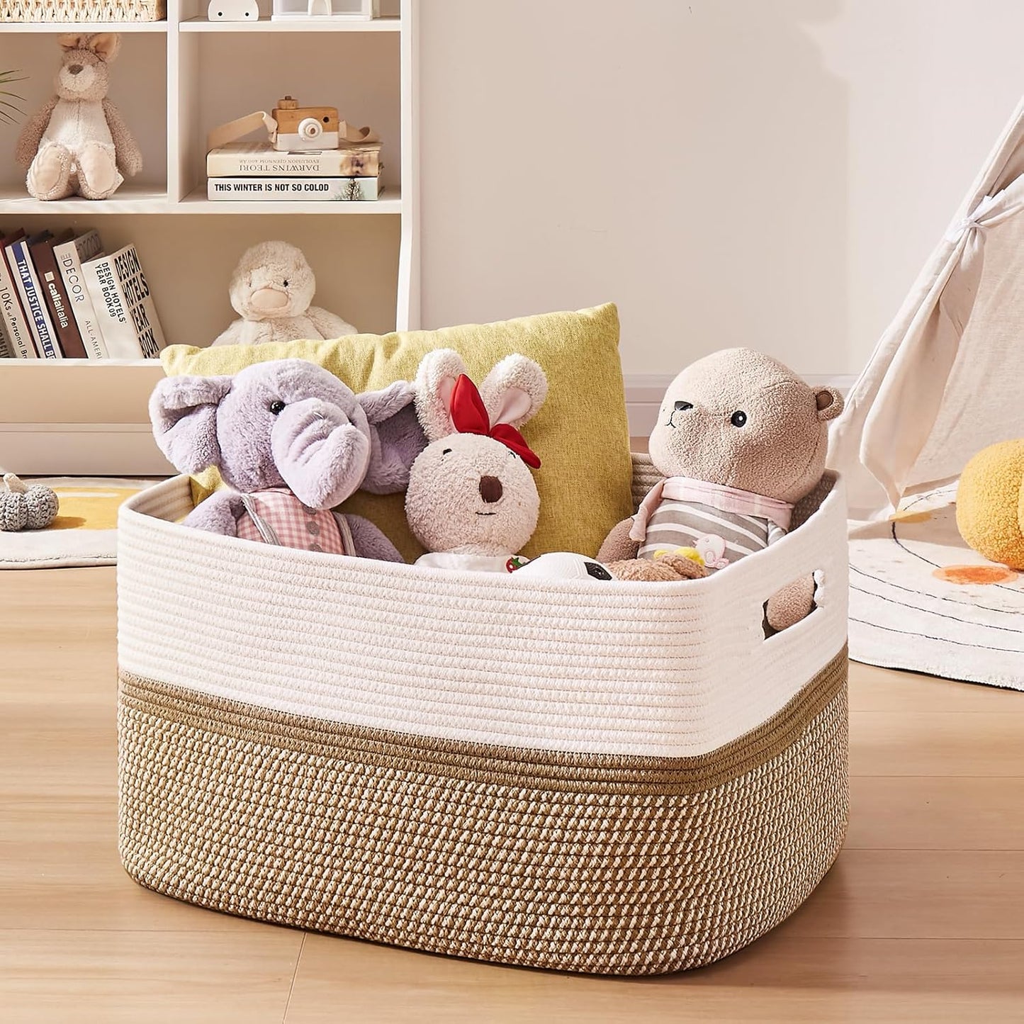 OIAHOMY Large Blanket Basket, 22”x17”x12” Rectangle Woven Baskets, Nursery Blanket Storage Living Room, Toy Storage With Handle, Large Baskets for Organizing-Gradient Yellow