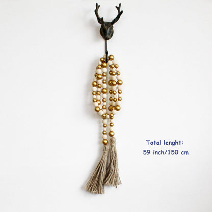 CVHOMEDECO. Wood Beads Garland with Tassels Farmhouse Rustic Wooden Prayer Bead String Wall Hanging Accent for Home Festival Decor. Mix Distressed