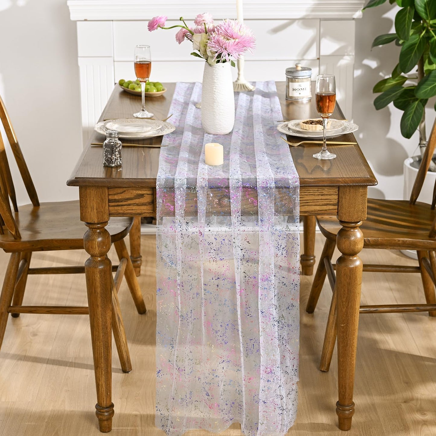 Artoid Mode Beige Gold Gauze Table Runner 120 Inch 10FT, Glitter Metallic Foil Sheer Dining Wedding Anniversary Holiday Birthday Table Decor for Home Party