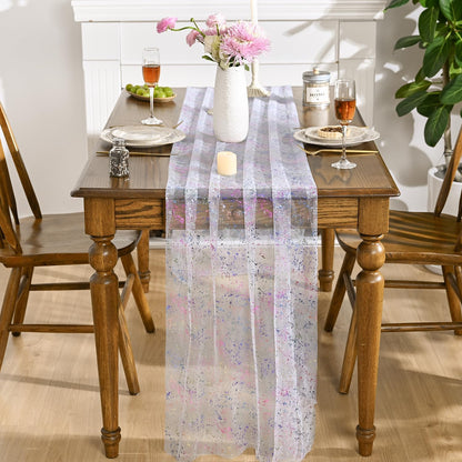 Artoid Mode Beige Gold Gauze Table Runner 120 Inch 10FT, Glitter Metallic Foil Sheer Dining Wedding Anniversary Holiday Birthday Table Decor for Home Party