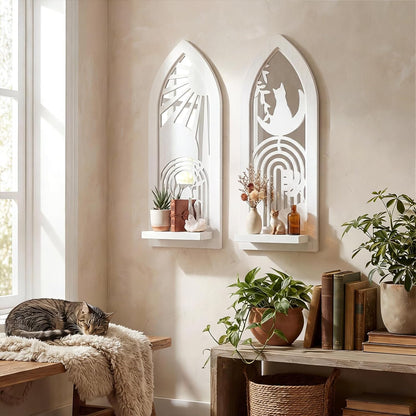 Wood Wall Sconce Candle Holder Set 2, Rustic Wall-Mount Candle Holders, Farmhouse Hanging Wall Décor, Carved Wood Frame, Mirrored Candle Holder (Distressed White)