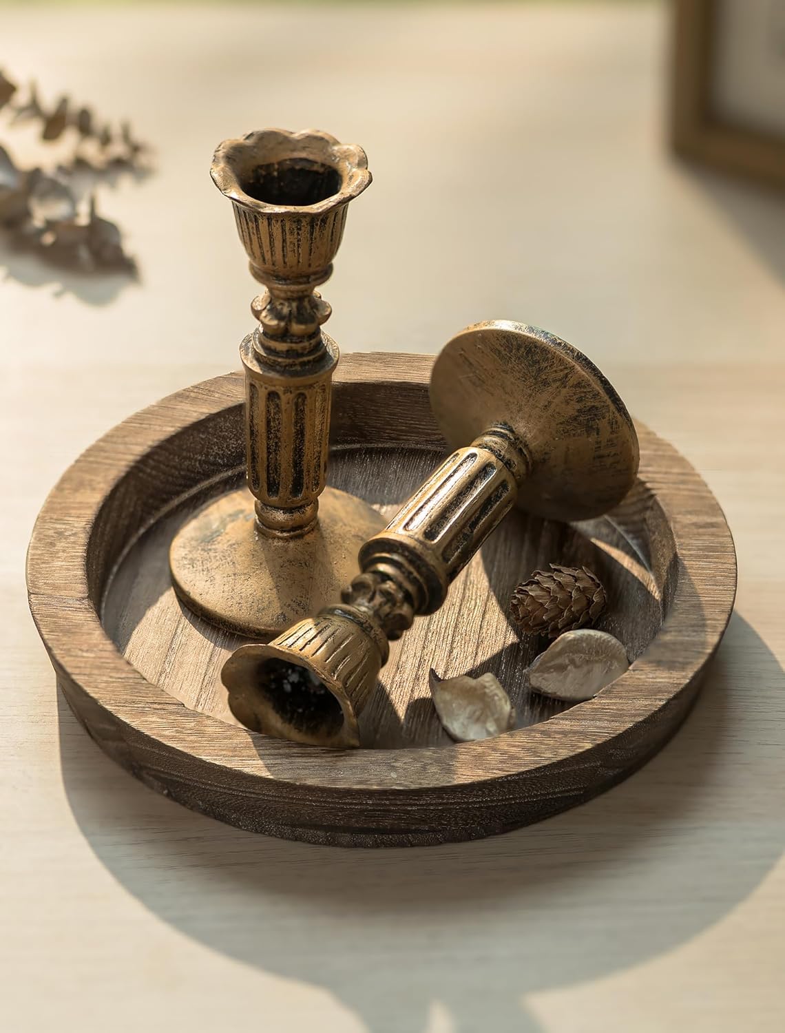 Hanobe Candle Plate Holder Tray: Round Wood Decorative Candle Plate - Rustic Farmhouse CoffeeTable Decor - Tealight Pillar Trays for Home Decor (Distressed)