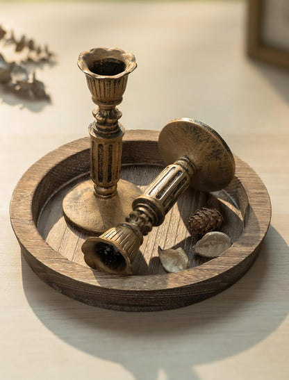 Hanobe Candle Plate Holder Tray: Round Wood Decorative Candle Plate - Rustic Farmhouse CoffeeTable Decor - Tealight Pillar Trays for Home Decor (Distressed)