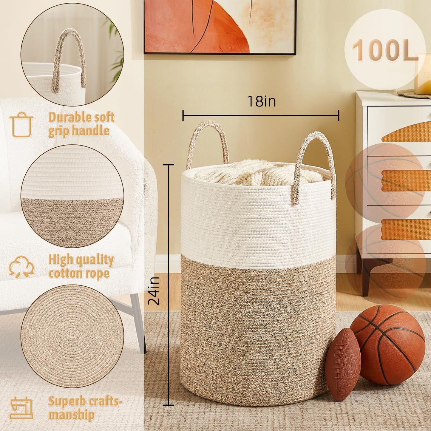 Artfeel Laundry Basket,Woven Cotton Rope Laundry Hamper,60L for Decor Storage of Dirty Clothes,Toys and Blankets in Bathroom,Baby Room and Living Room