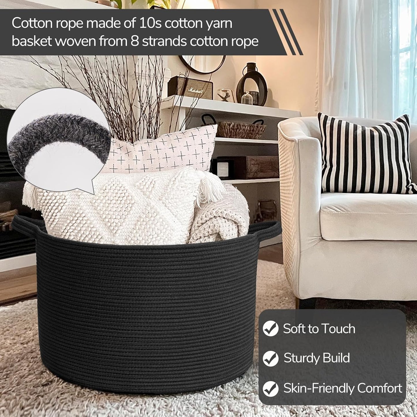INDRESSME XXXLarge Blanket Basket for Living Room 21.7" x 21.7" x 13.8"-Storage Basket with Handle for Organizing Toy Pillows Woven Cotton Rope Laundry Basket Stuffed Animal Toy Storage for Play Room