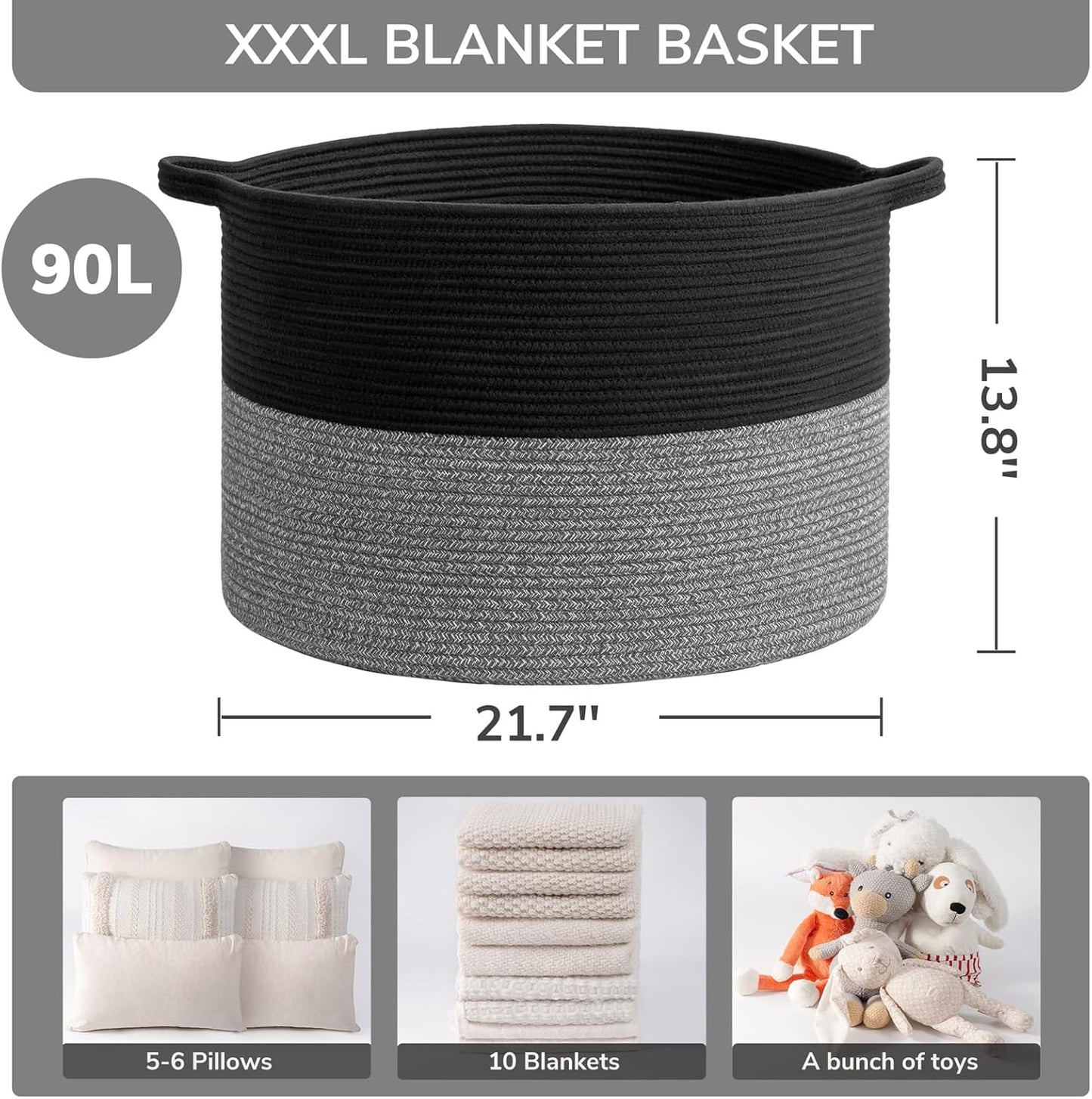 INDRESSME XXXLarge Blanket Basket for Living Room 21.7" x 21.7" x 13.8"-Storage Basket with Handle for Organizing Toy Pillows Woven Cotton Rope Laundry Basket Stuffed Animal Toy Storage for Play Room