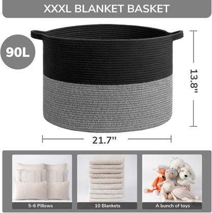 INDRESSME XXXLarge Blanket Basket for Living Room 21.7" x 21.7" x 13.8"-Storage Basket with Handle for Organizing Toy Pillows Woven Cotton Rope Laundry Basket Stuffed Animal Toy Storage for Play Room