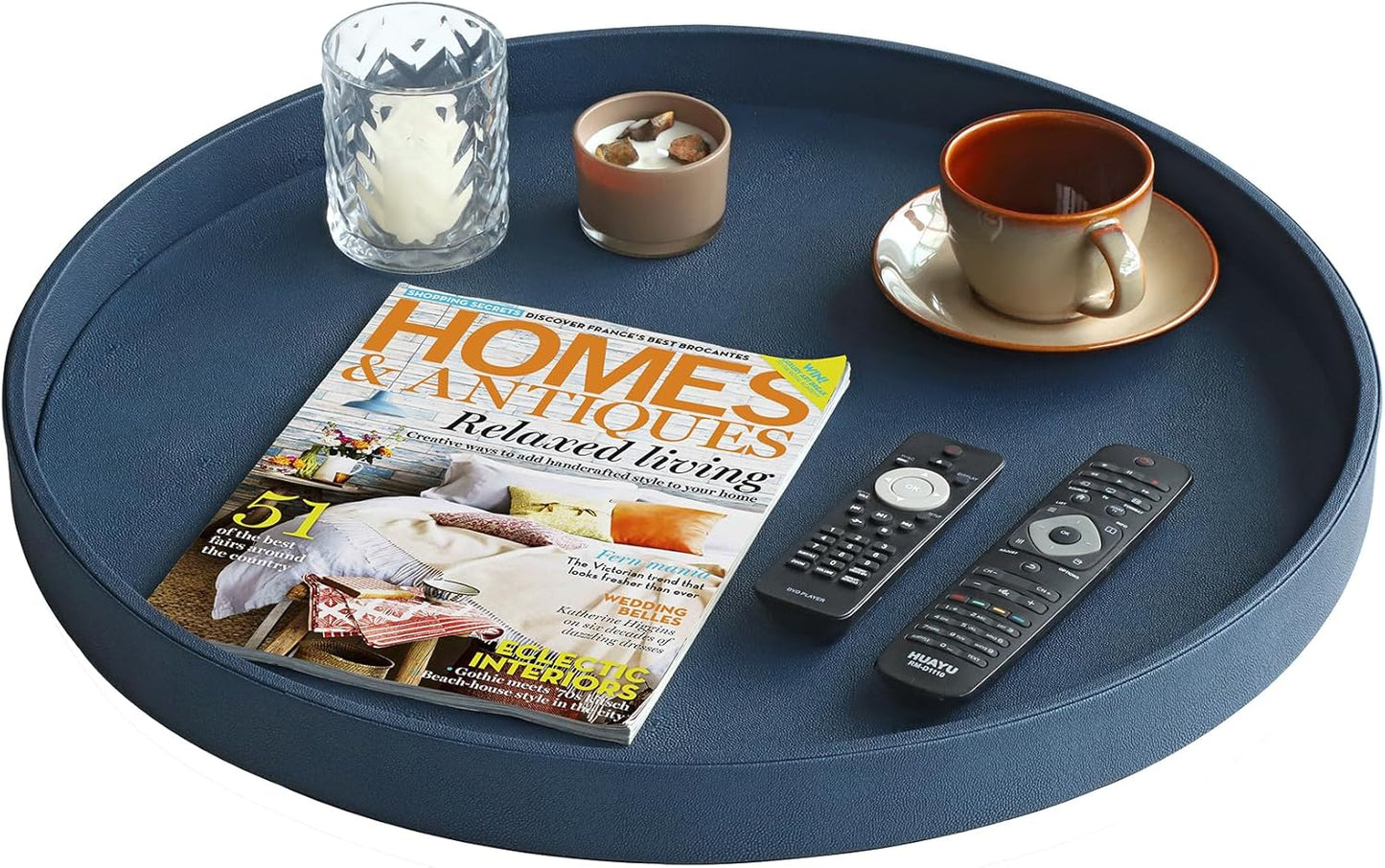 HofferRuffer Round Serving Tray 20'', Elegant Faux Leather Circle Ottoman Table Tray, Serve Tea Coffee Breakfast in Bedroom Living Room Kitchen (Brown)