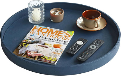 HofferRuffer Round Serving Tray 20'', Elegant Faux Leather Circle Ottoman Table Tray, Serve Tea Coffee Breakfast in Bedroom Living Room Kitchen (Brown)
