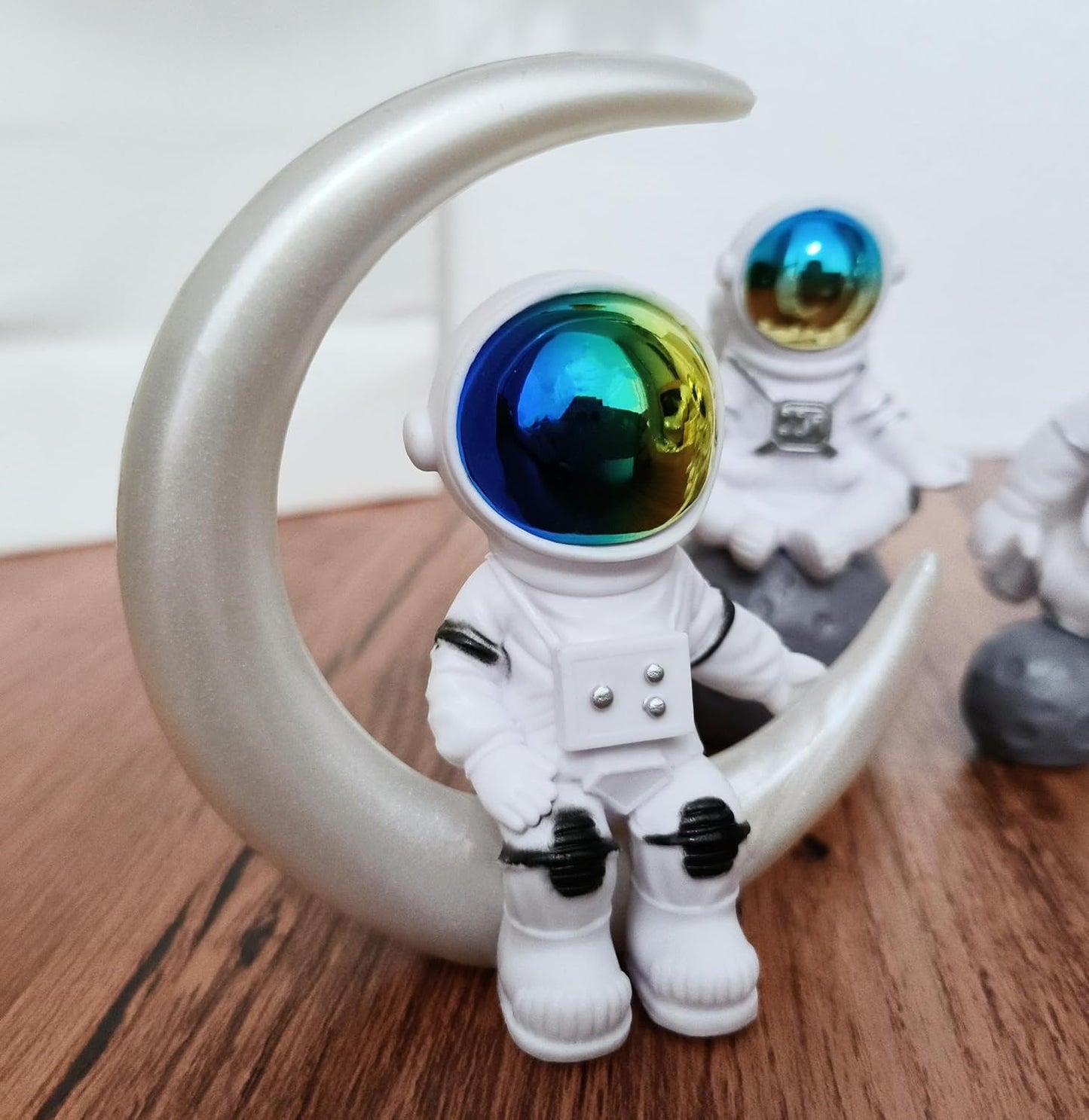 Blue White Astronaut Statues Set of 4, Spaceman Sculpture Figurines Outer Space Theme Decor for Nursery Room Cake Topper