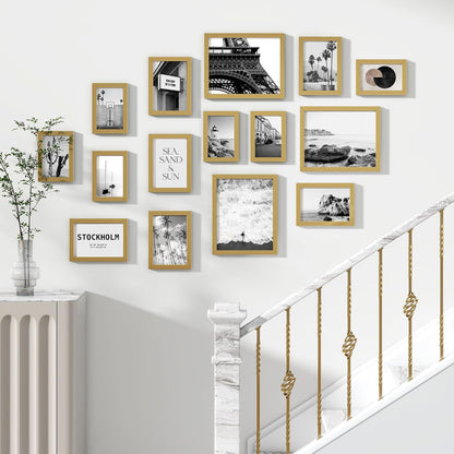 Venusmiles 15 Pack Picture Frames Collage Wall Decor, Gallery Frame Set for Wall Mounting or Tabletop Display, Multi Sizes Including 3pcs 8x10, 6pcs 5x7, 6pcs 4x6, Oak