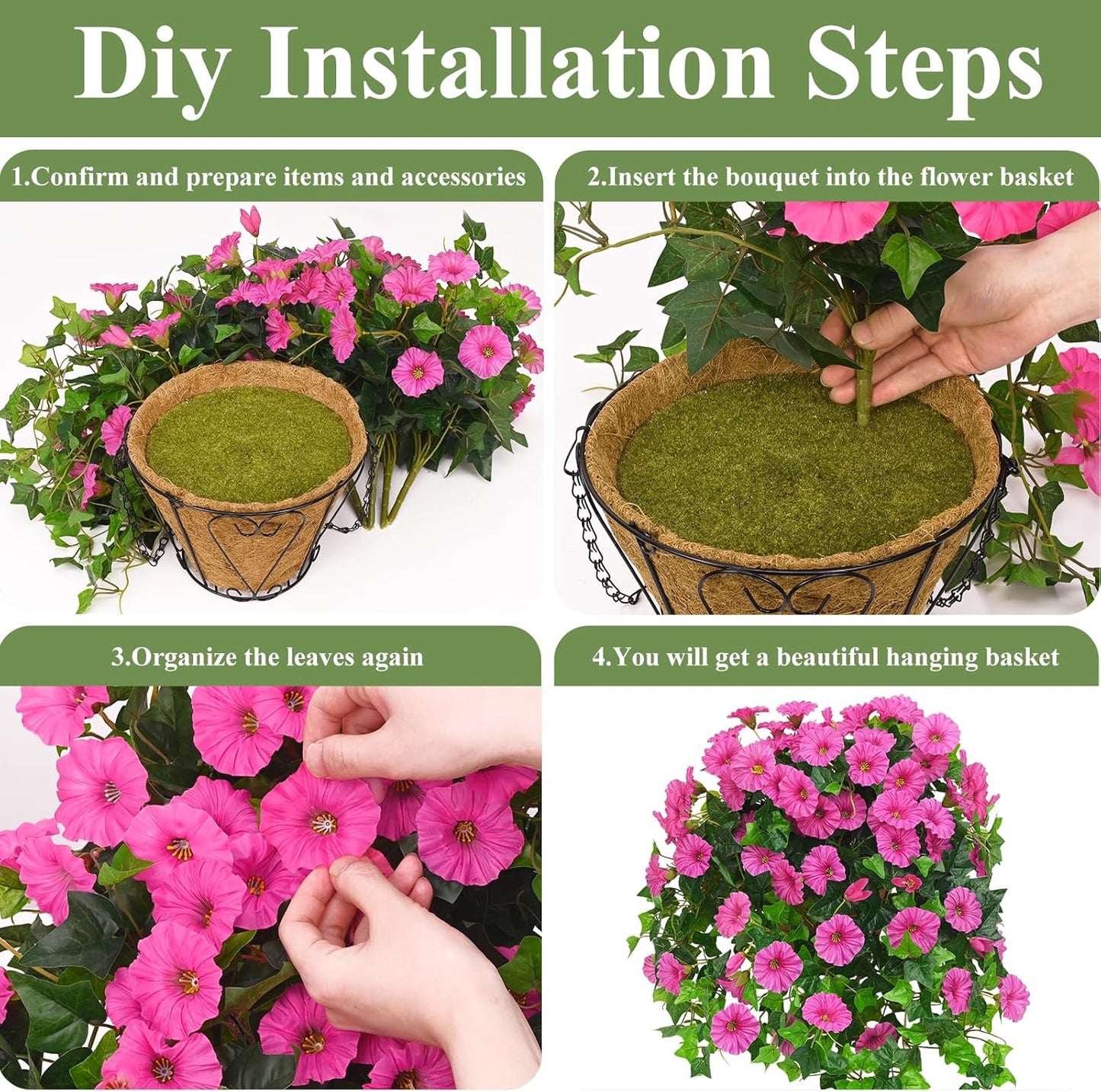Waipfaru Artificial Hanging Baskets with Flowers, Fake Hanging Plants Outdoors, Urn Fillers for Outside Summer Decor (Fuchsia)