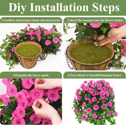 Waipfaru Artificial Hanging Baskets with Flowers, Fake Hanging Plants Outdoors, Urn Fillers for Outside Summer Decor (Fuchsia)