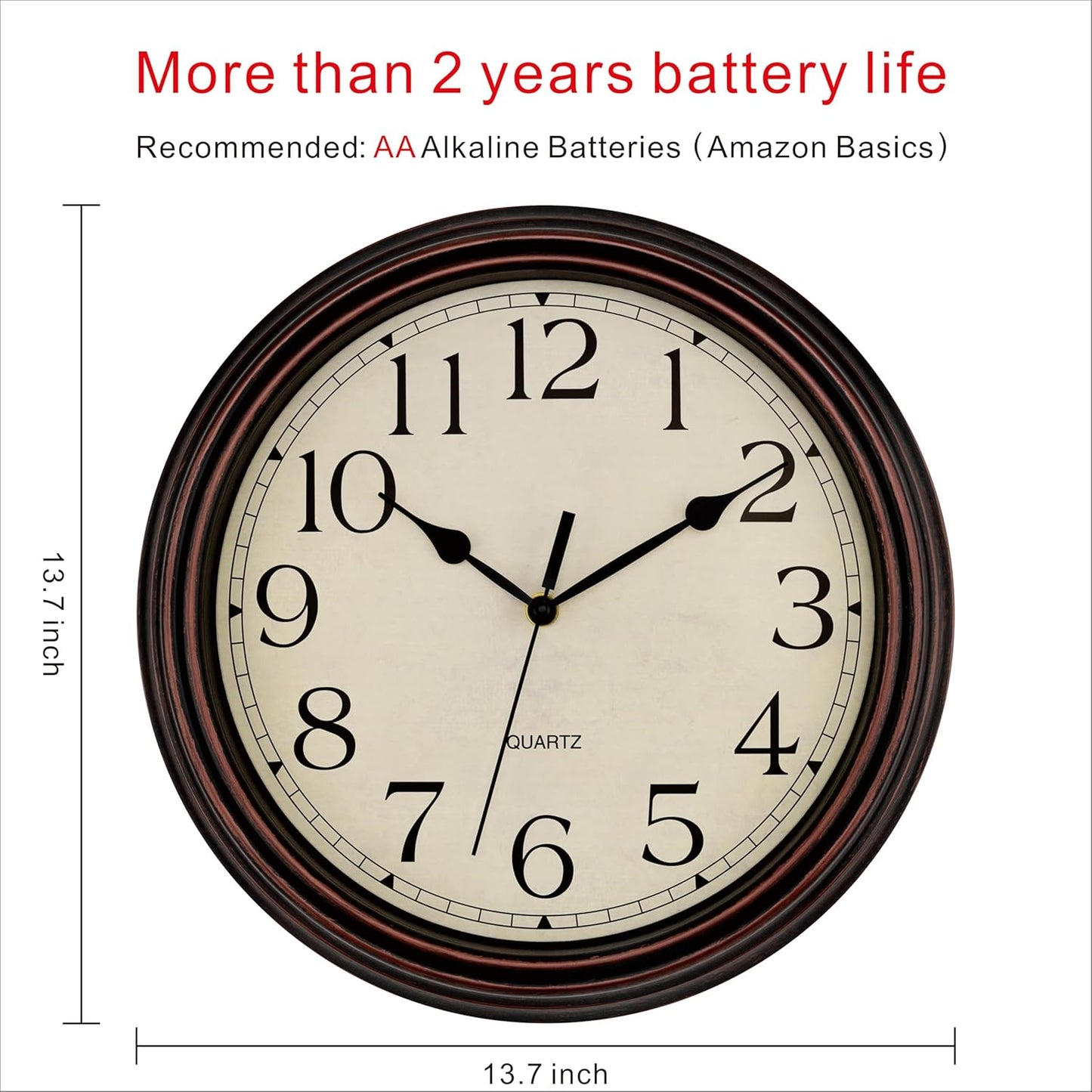 Foxtop Retro Silent Non-Ticking Round Classic Clock Quartz Decorative Battery Operated Wall Clock for Living Room Kitchen Home Office 12 Inch (Bronze)
