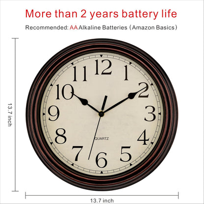 Foxtop Retro Silent Non-Ticking Round Classic Clock Quartz Decorative Battery Operated Wall Clock for Living Room Kitchen Home Office 12 Inch (Bronze)