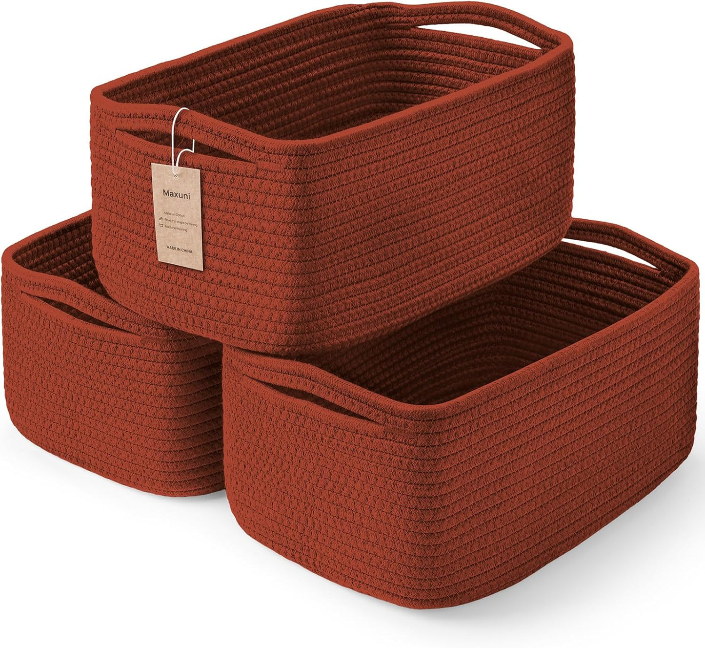 3-Pack Small Storage Baskets for Organizing | Woven Shelf Toy Basket | Rope Baskets for Gifts Empty | Closet Organizer Bins with Handles | Cube Decorative Box | 11.8×7.8×5.1” | Mixed brown