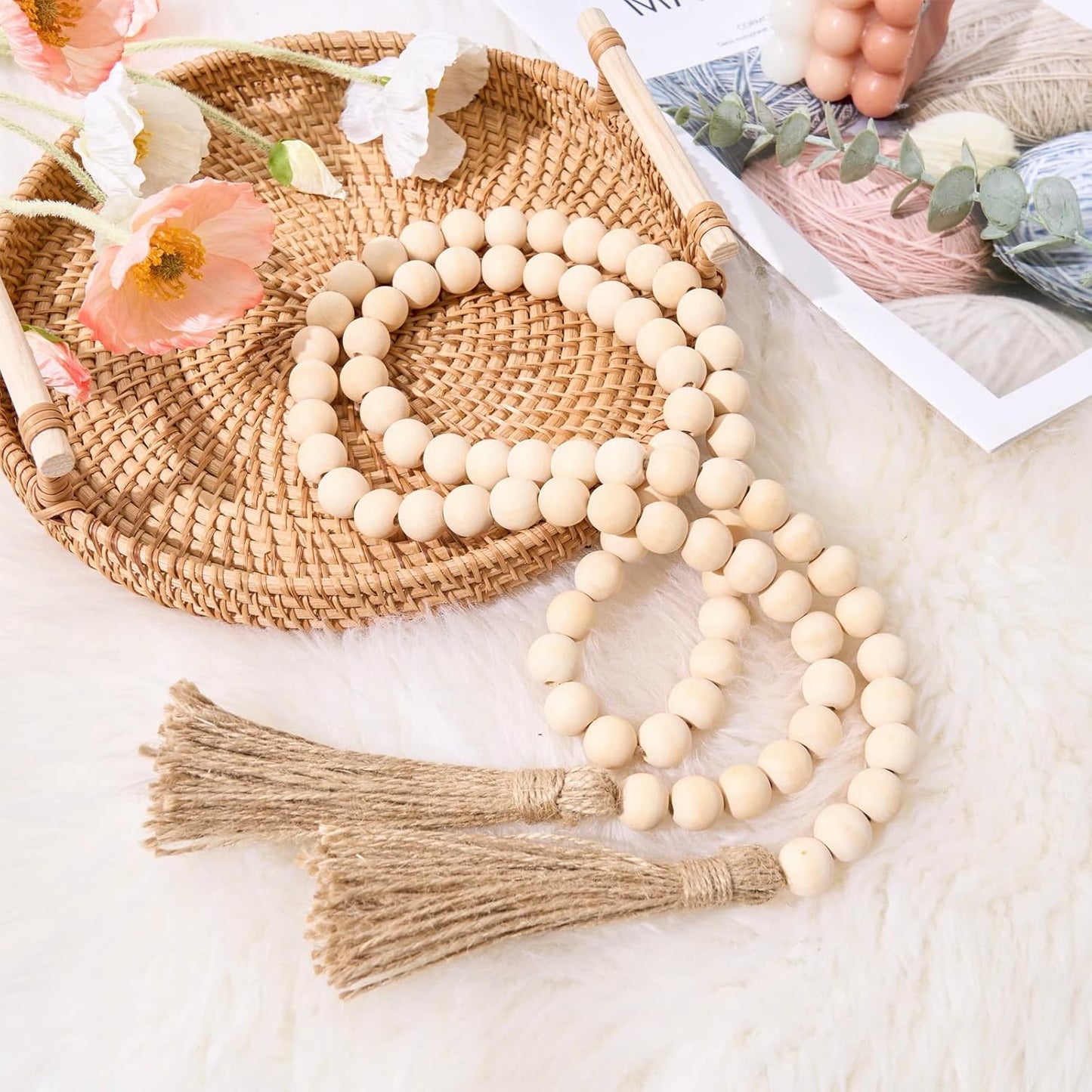 OMISHE 59in Wood Bead Garland with Tassels, Decorative Beads, Farmhouse Wooden Beads Garland for Wall Hanging Home Festival Decor, Aqua, Teal