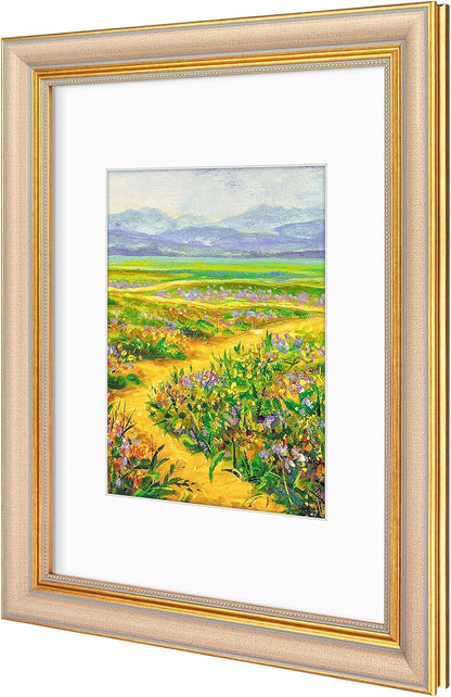 Golden State Art,11x14 Ornate Picture Frame for 8x10 Photo with Mat or 11 x 14 Prints without Mat,Real Glass Wall Display(Color:Green Gold)