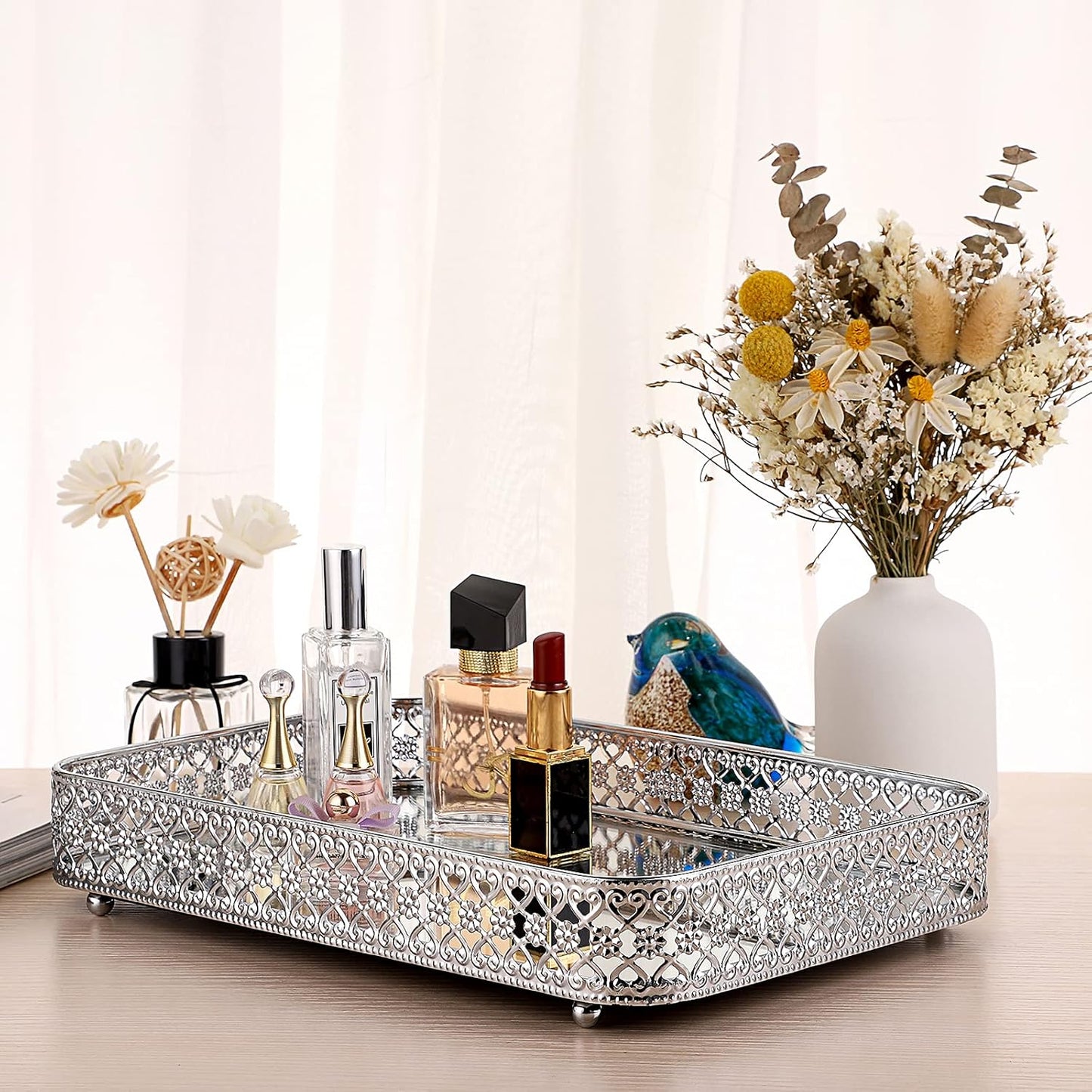 ELLDOO Perfume & Makeup Vanity Tray - Hollow-Carved Jewelry Storage, Glass & Metal Trinket Organizer for Dresser & Bathroom Countertop, Gold, Medium Size