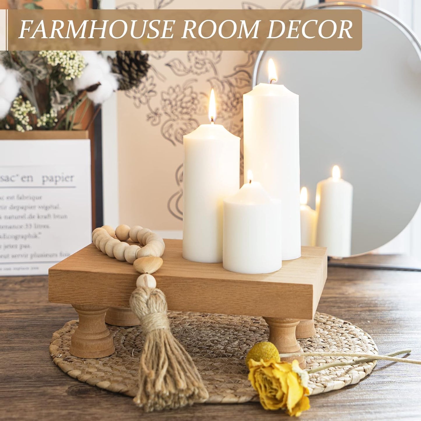 EOSAHR Farmhouse Riser for Room Decor : Decorative Pedestal Stand For Display Your Home Decorations and Uniquely Soap Stand - Rustic Bathroom Counter Tray and Kitchen Decor (Natural Wood)
