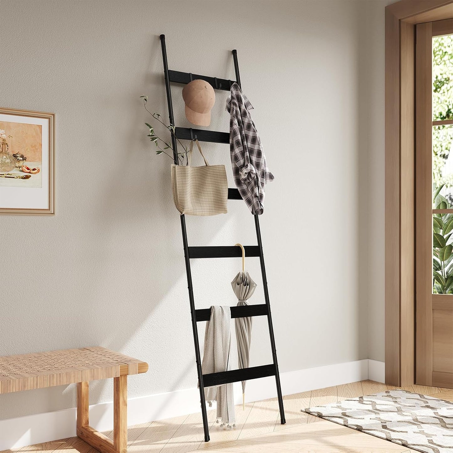 ELYKEN Blanket Ladder for Living Room, Farmhouse 5-Tier Quilt Holder with 4 Removable Hooks for Bathroom, Wood Towel Rack Display, Wall Anchor Leaning Decorative Stand for Home, Rustic Brown