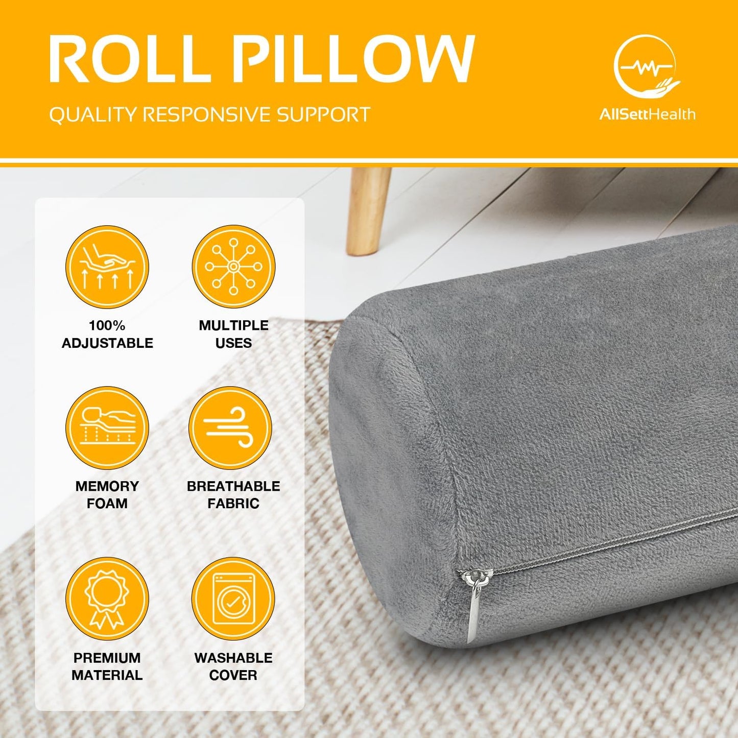 AllSett Health Round Cervical Roll Cylinder Bolster Pillow with Removable Washable Cover, Ergonomically Designed for Head, Neck, Back, and Legs || Ideal for Spine and Neck Support, Navy