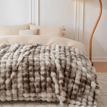 COOVA Faux Fur Throw Blanket for Couch, Cozy Soft and Fuzzy Plush Rabbit Fur Bubble Blanket for Sofa Bedroom Living Room, 50x60 Inches Tie Dye Brown