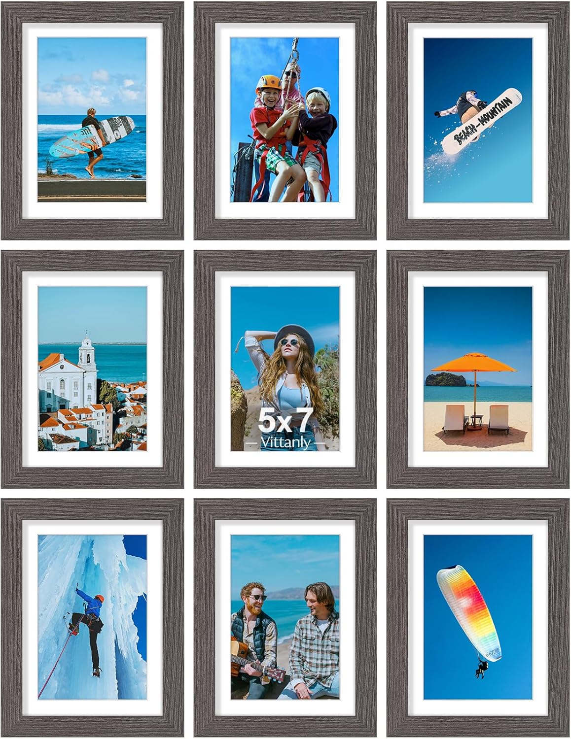 Vittanly 8x10 Picture Frames Set of 9, Shatter Resistant Plexiglass, Display 5x7 Pictures with Mat or 8x10 without Mat, Photo Frames for Wall or Tabletop, Engineered Wood, Black - Colors B