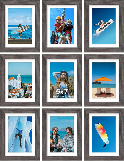 Vittanly 8x10 Picture Frames Set of 9, Shatter Resistant Plexiglass, Display 5x7 Pictures with Mat or 8x10 without Mat, Photo Frames for Wall or Tabletop, Engineered Wood, Black - Colors B