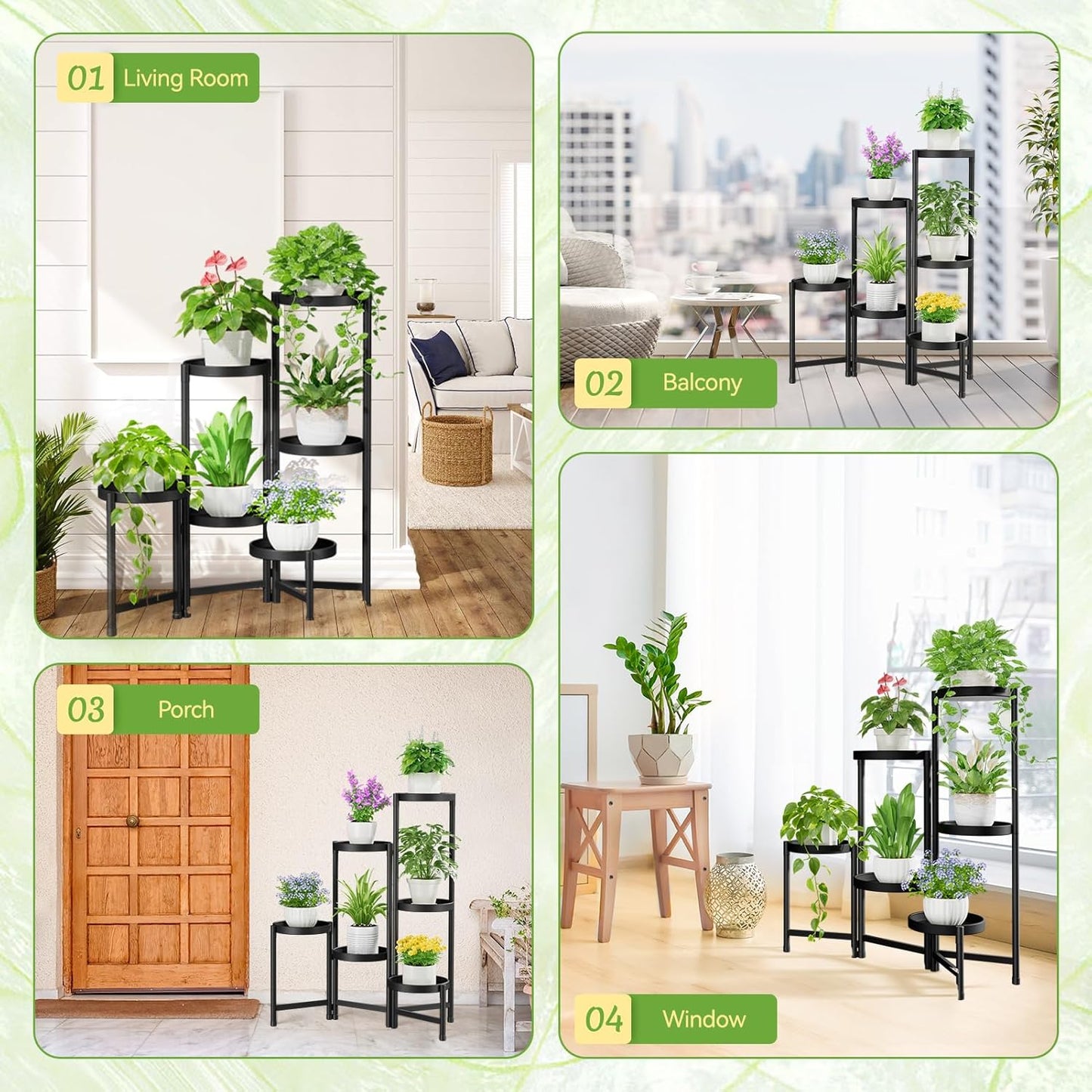 iDavosic.ly Plant Stand Indoor Outdoor, 5 Tier Corner Metal Flower Display Holder Shelf, Folding Tall Orchid Rack for Patio Balcony Porch Garden Living Room House, Black