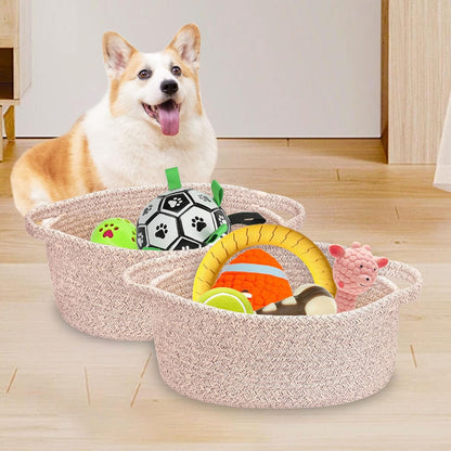 ABenkle Small Basket with Handles, Boho Decorative Rope Woven Dog Cat Toy Storage Bin Shelf Storage Organizer, Easter Christmas Gift Basket, 12"x8"x5", White