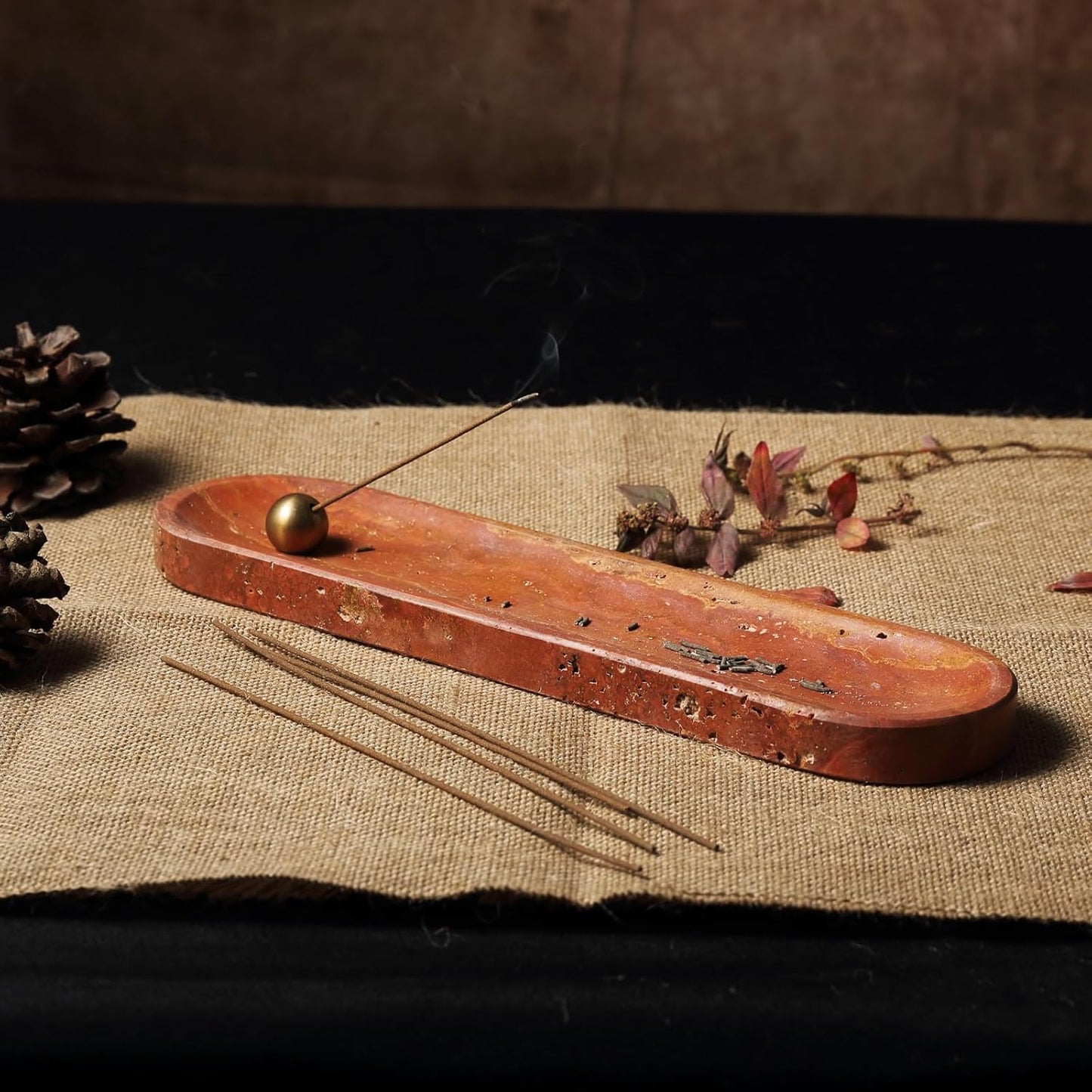 Koville Natural Marble Incense Holder, Incense Holder for Sticks with 9 Holes, Handmade Incense Burner Ash Catcher for Meditation Yoga SPA, Balsam Fir/Palo Santo/Sage/Cone (Green)