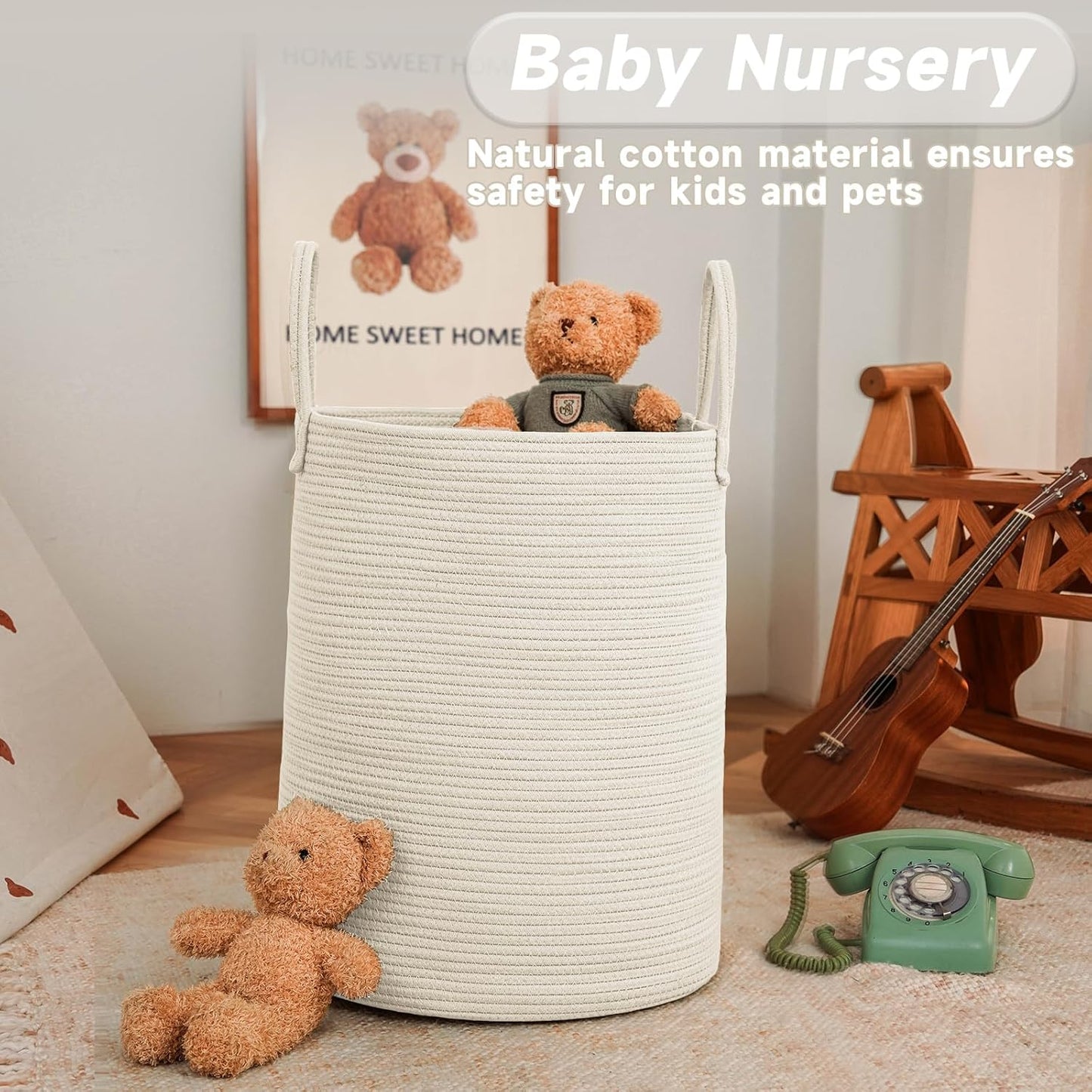JMvicyroam Large Woven Laundry Basket Hamper,60L Cotton Rope Storage Bin for Blankets,Toys and Clothes,Decorative Tall Nursery Hamper for Living Room,Baby Nursery,Bathroom and Bedroom,Brown