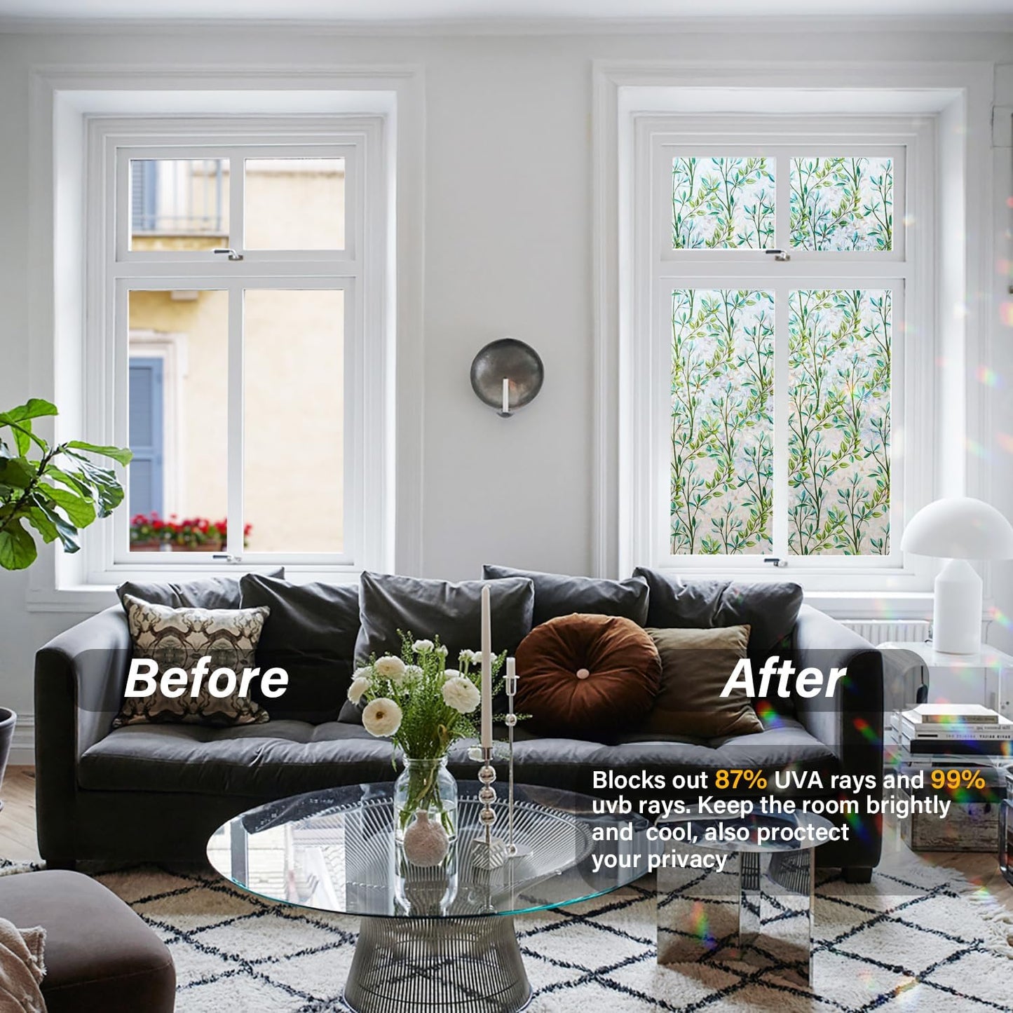 Ranzdn Window Privacy Film - Stained Glass Window Film Static Cling UV & Heat Blocking Rainbow Window Film for Glass Doors, Bedroom Windows - No Glue Premium Vinyl (Easy Install, 17.5"×78.7")