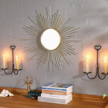 Large Gold Sunburst Mirror - 31" Starburst Wall Mirror with 12" Round Glass, Mid-Century Modern Elegant Gold Sun Mirrors for Living Room, Bedroom, Entryway Decor