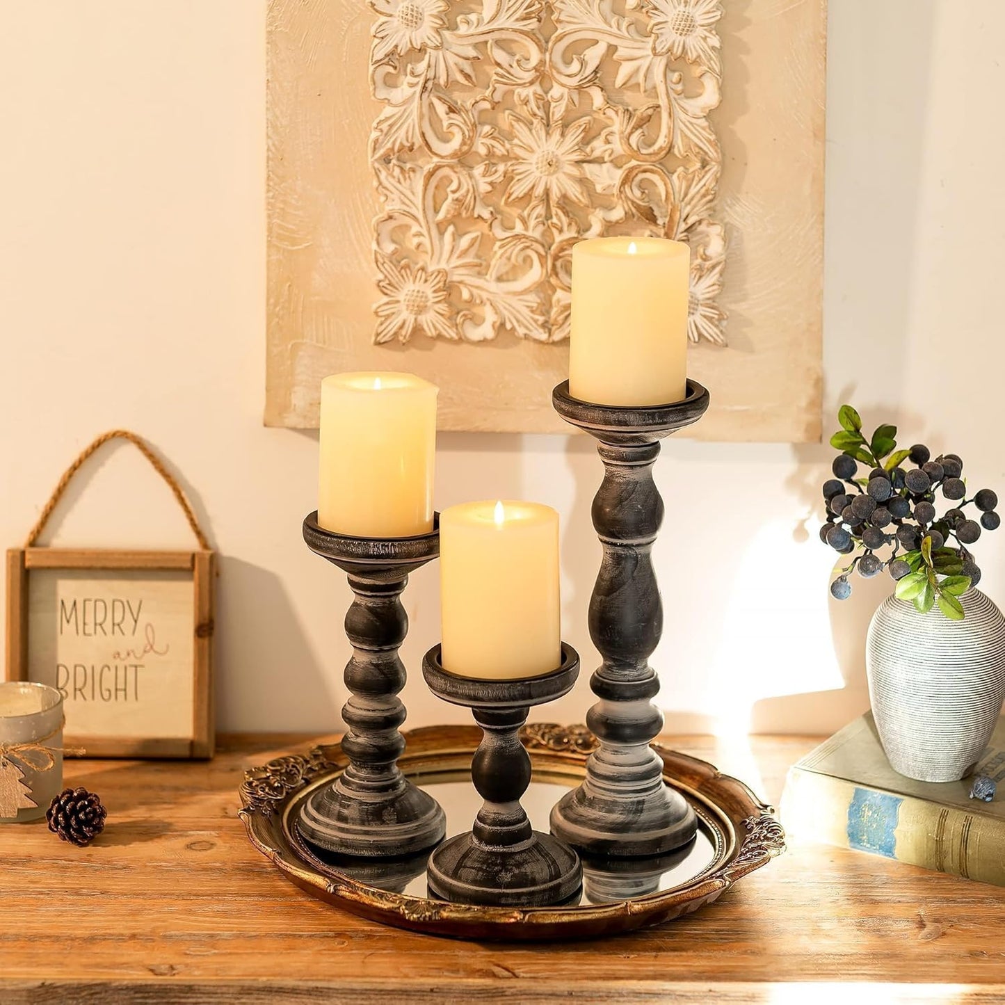 Wood Pillar Candle Holder: 3Pcs Rustic White Candle Holders for Pillar Candles Wood Candle Holders Distressed Wooden Farmhouse Candle Holder Large Rustic Candle Holder for Fireplace Table