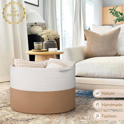 INDRESSME XXXLarge Blanket Basket for Living Room 21.7" x 21.7" x 13.8"-Storage Basket with Handle for Organizing Toy Pillows Woven Cotton Rope Laundry Basket Stuffed Animal Toy Storage for Play Room