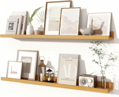 Fun Memories Picture Ledge Shelves Set of 2, 32 Inch Rustic Wall Mounted Floating Shelves with Lip for Home Storage and Décor in Bathroom, Kitchen, Nursery, Bedroom, Living Room, Walnut