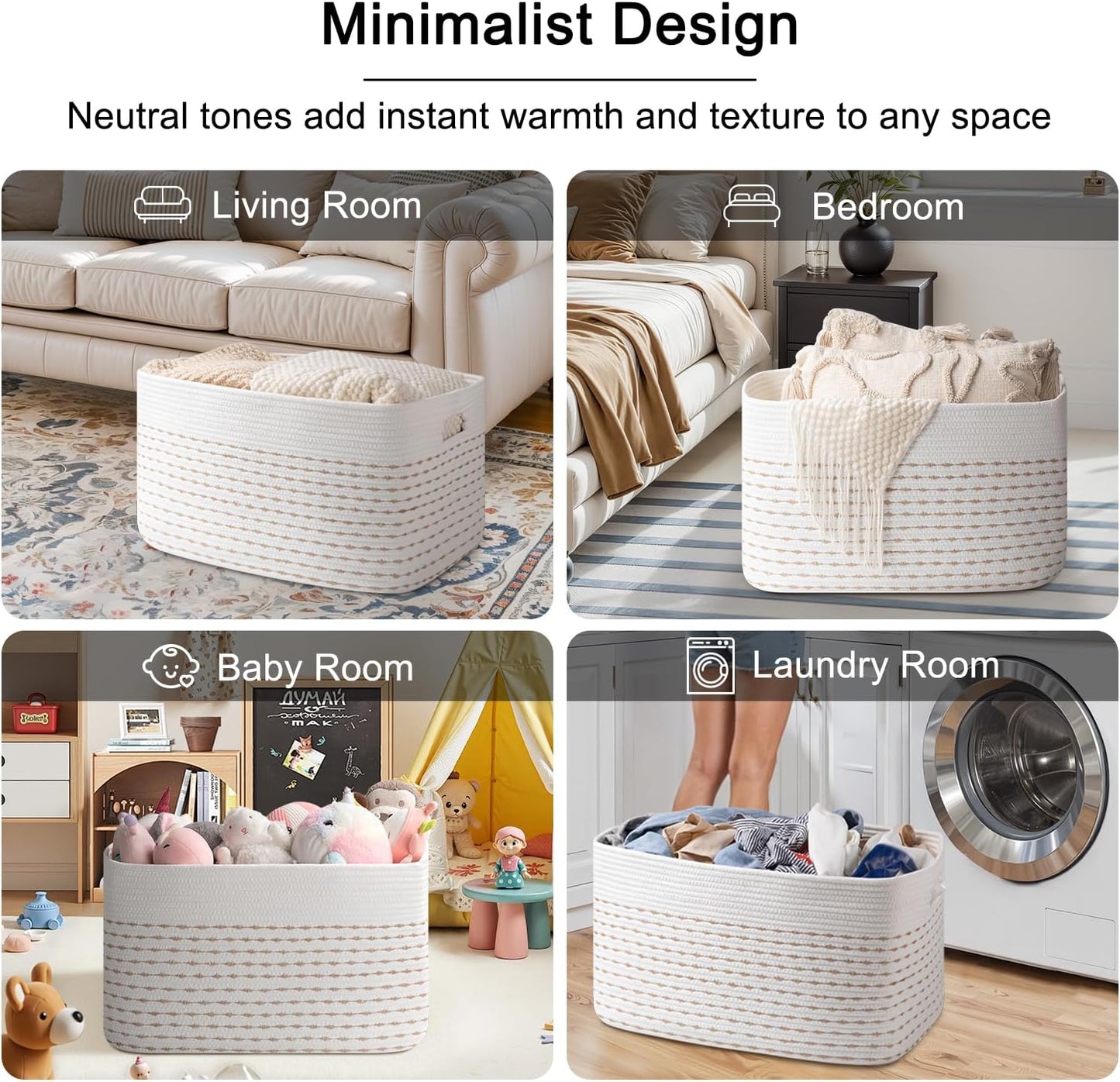 OIAHOMY 75L Large Woven Cotton Rope Storage Basket with Handle for Organizing Blanket and Toys for Living Room, Nursery, Brown Variegated 22”x17”x12”