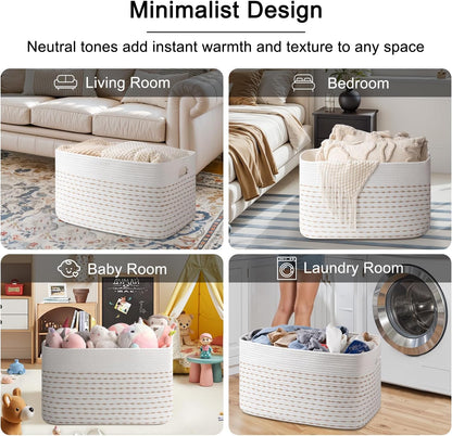 OIAHOMY 75L Large Woven Cotton Rope Storage Basket with Handle for Organizing Blanket and Toys for Living Room, Nursery, Brown Variegated 22”x17”x12”