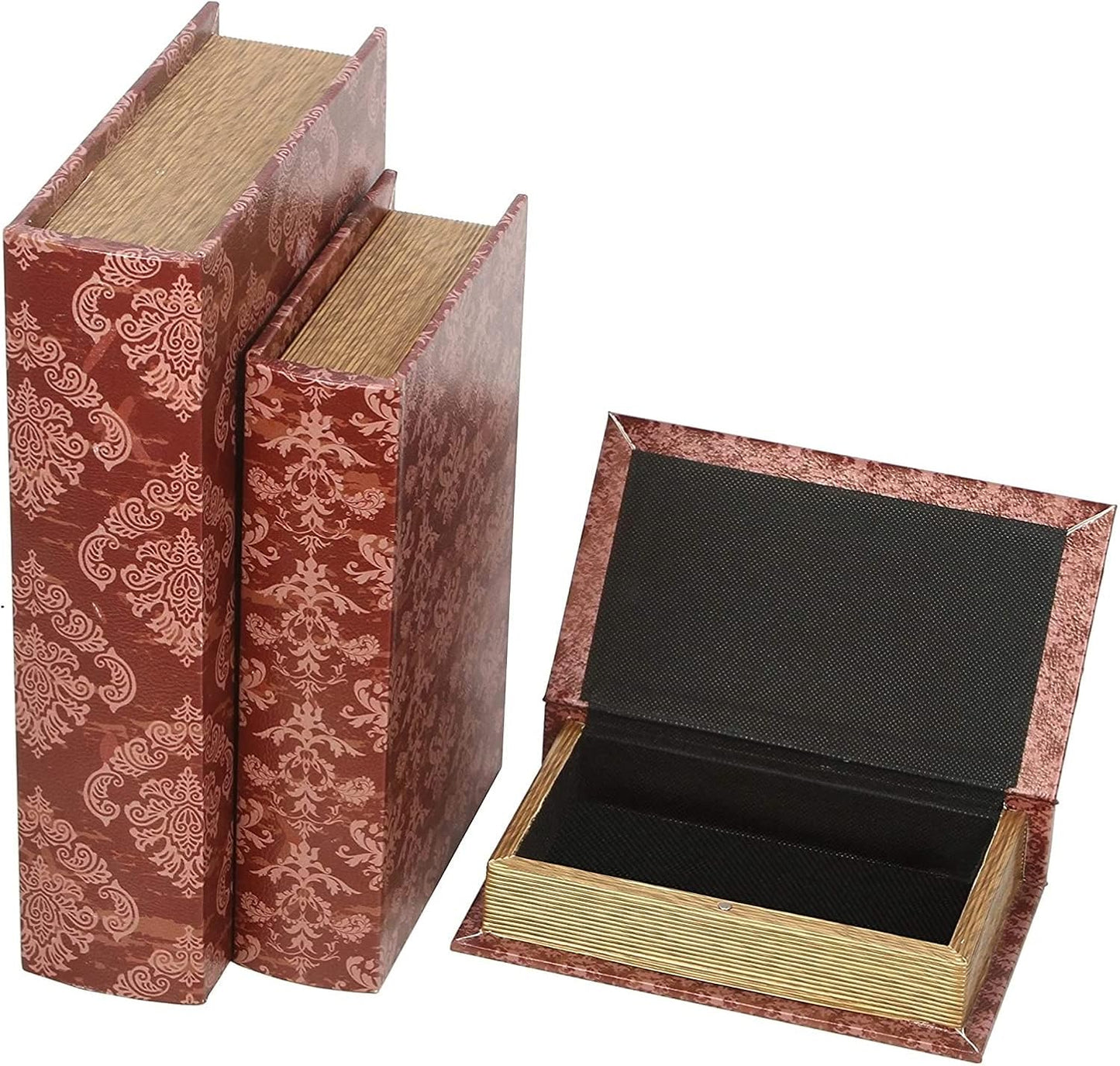 Hosley Farmhouse Memory Book Boxes Set of 3, Red Brown & Gold, Decorative Nesting Storage Boxes 12 10 8 Inch, Faux Leather Keepsake Photo Jewelry Box for Wedding Gift