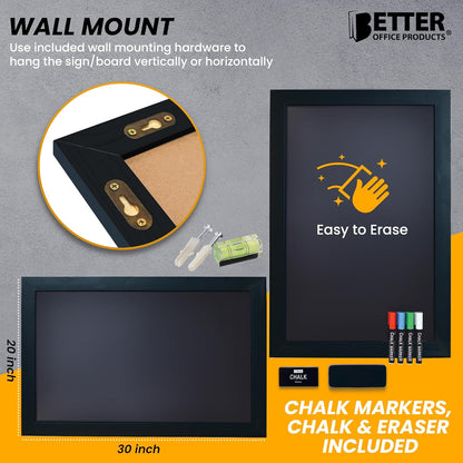 Better Office Products Magnetic Chalkboard, 20x30 Rustic Wood Frame Chalkboard Sign, Wall Mount Vertical/Horizontal, Includes Chalk Markers, Eraser, Chalk Board Easel Sign for Home Business Decor